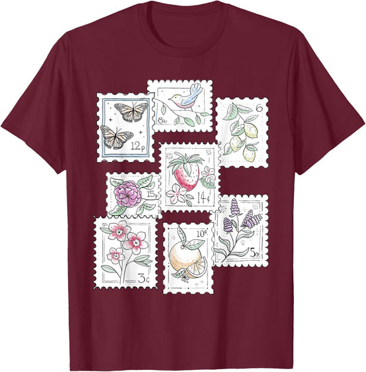 Postage Stamp Pattern Flowers Butterflies Bird Strawberry T-Shirt - T-Shirt | Maroon