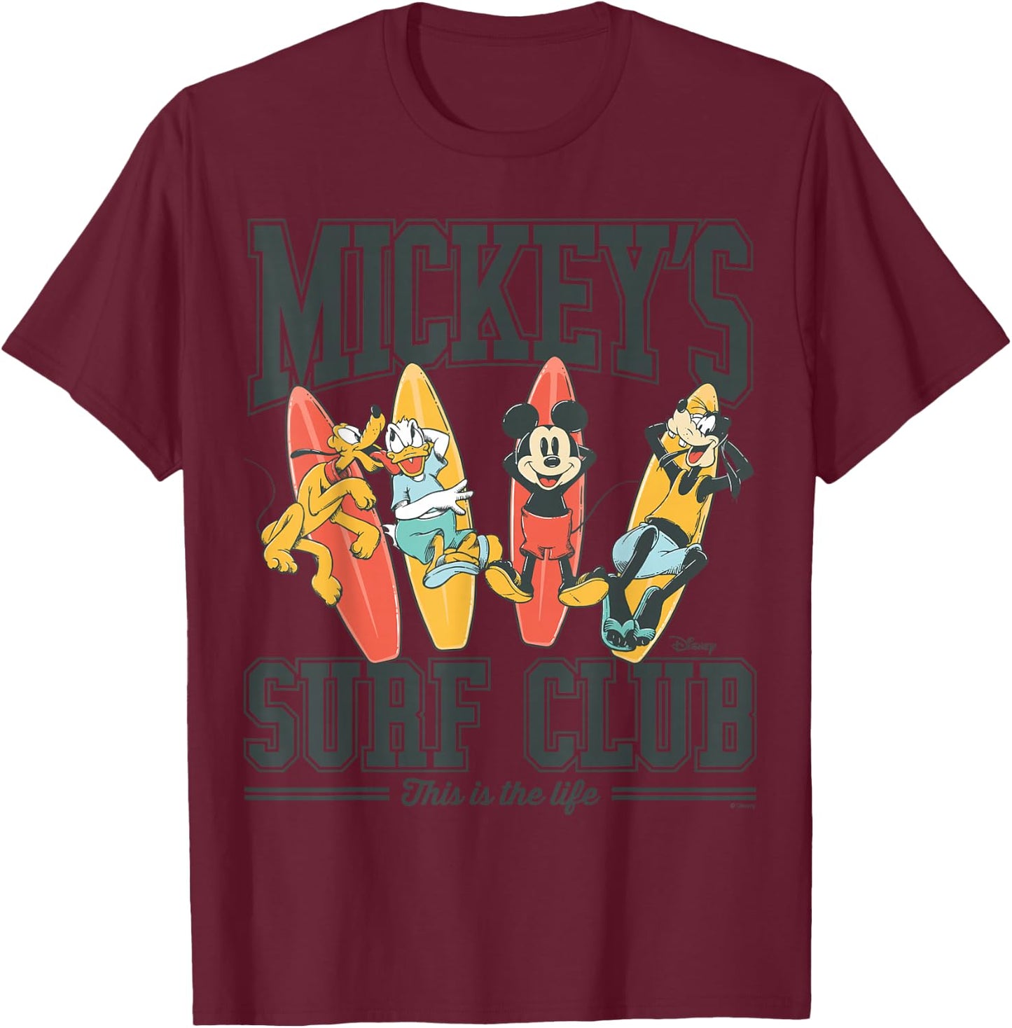Mickey's Surf Club Mickey Mouse Pluto Donald Goofy T-Shirt - T-Shirt | Maroon