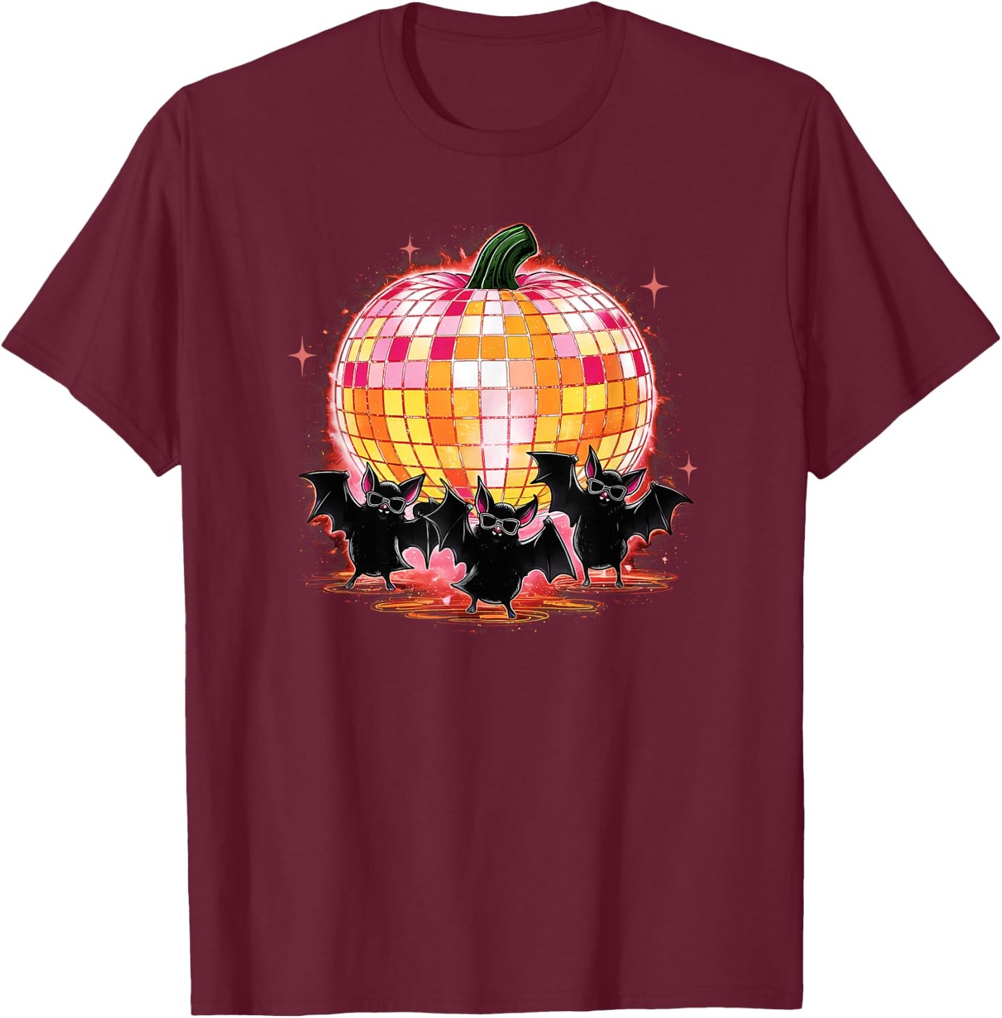 Pumpkin Disco Ball Dancing Bats Halloween Disco Party T-Shirt - T-Shirt | Maroon