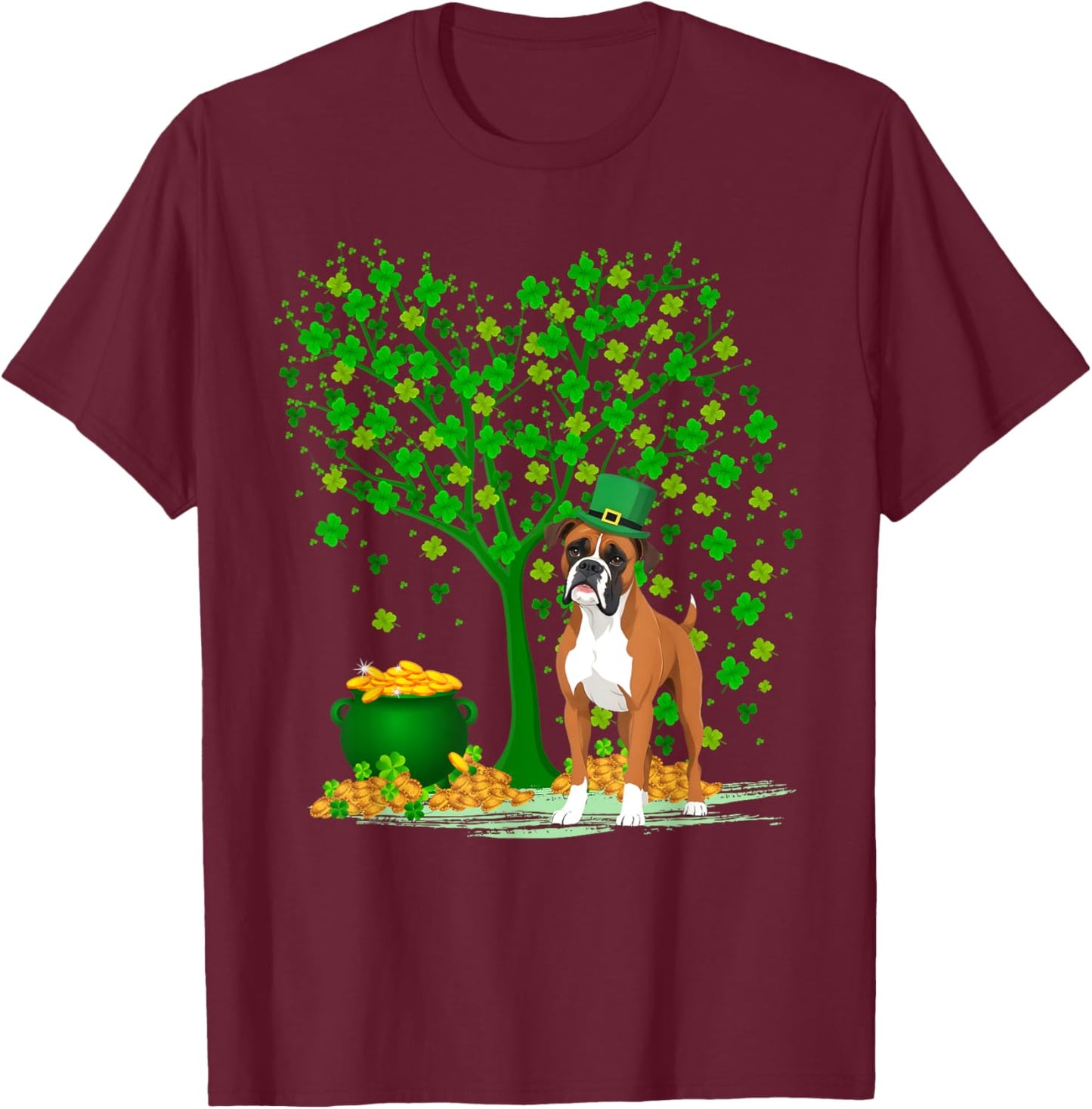 Shamrock Tree Leprechaun Hat Boxer Dog St Patrick's Day Women Kids T-Shirt - T-Shirt | Maroon