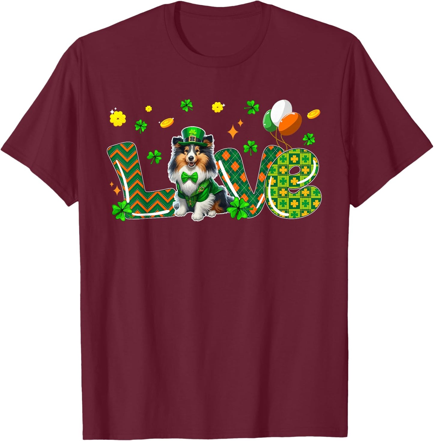 LOVE Sheltie St. Patrick's Day Shamrocks Owner Lover T-Shirt - T-Shirt | Maroon