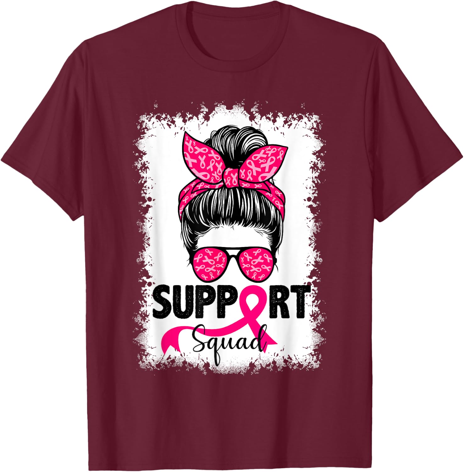 Support Squad Messy Bun Pink Warrior Breast Cancer Awareness T-Shirt - T-Shirt | Maroon