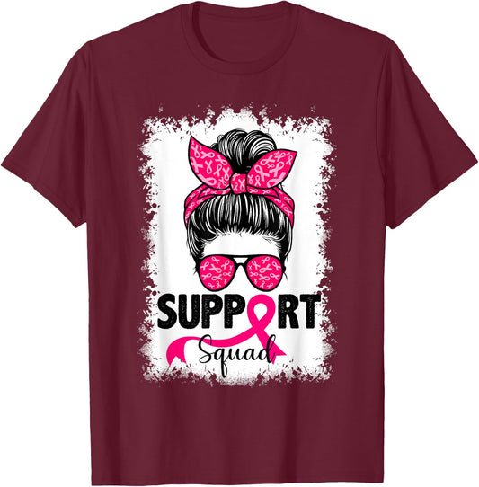 Support Squad Messy Bun Pink Warrior Breast Cancer Awareness T-Shirt - T-Shirt | Maroon