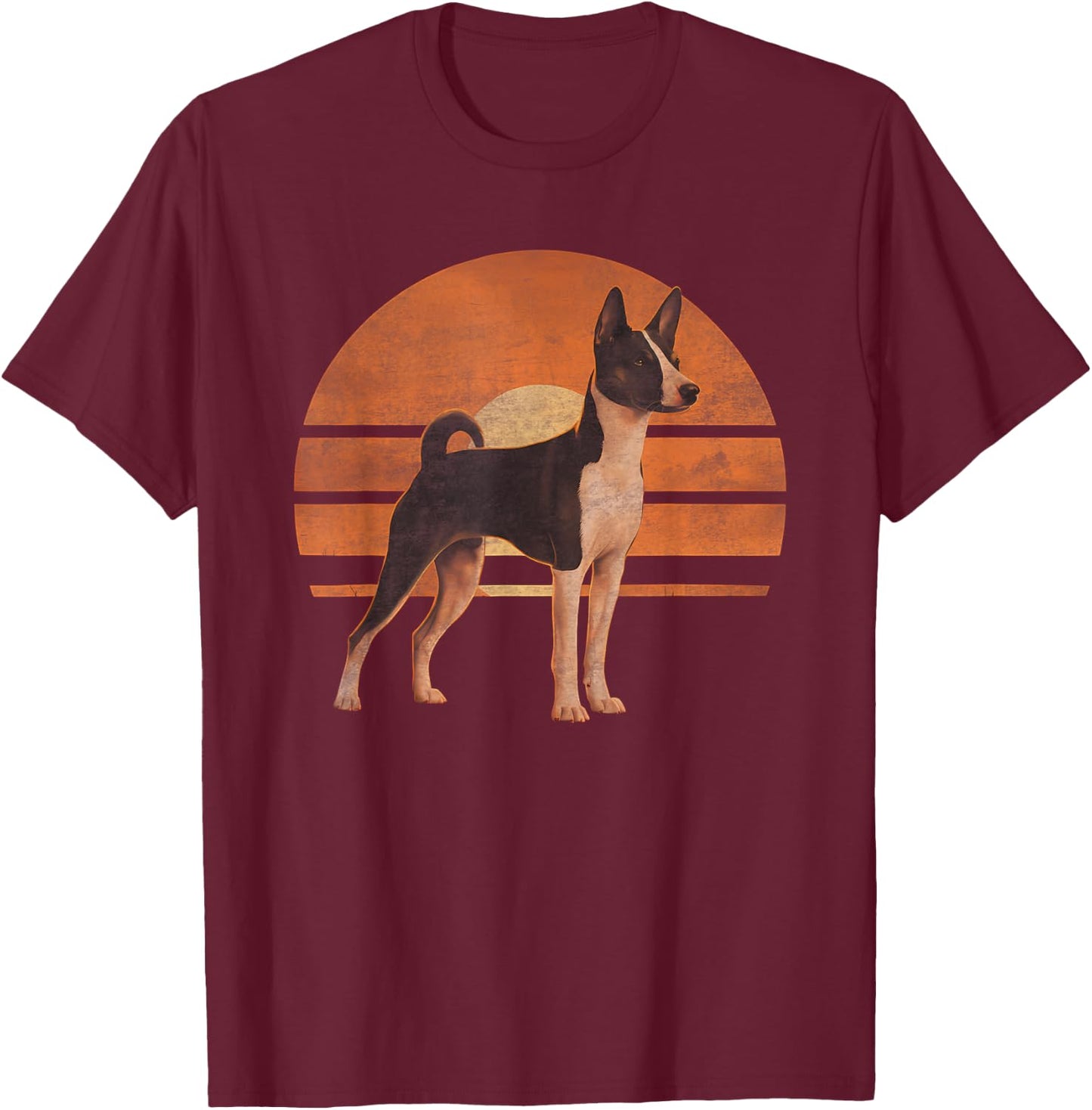 Retro Sunset Design Basenji Dog T-Shirt - T-Shirt | Maroon