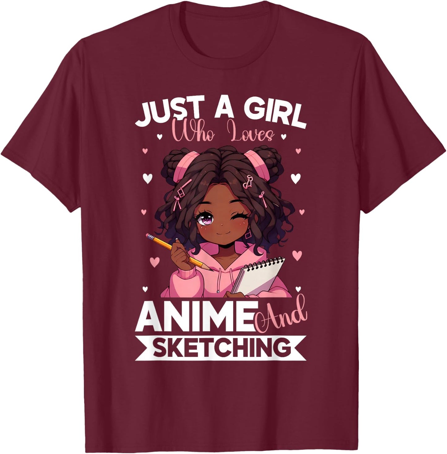 Just A Girl Who Loves Anime and Sketching Afro Anime Merch T-Shirt - T-Shirt | Maroon