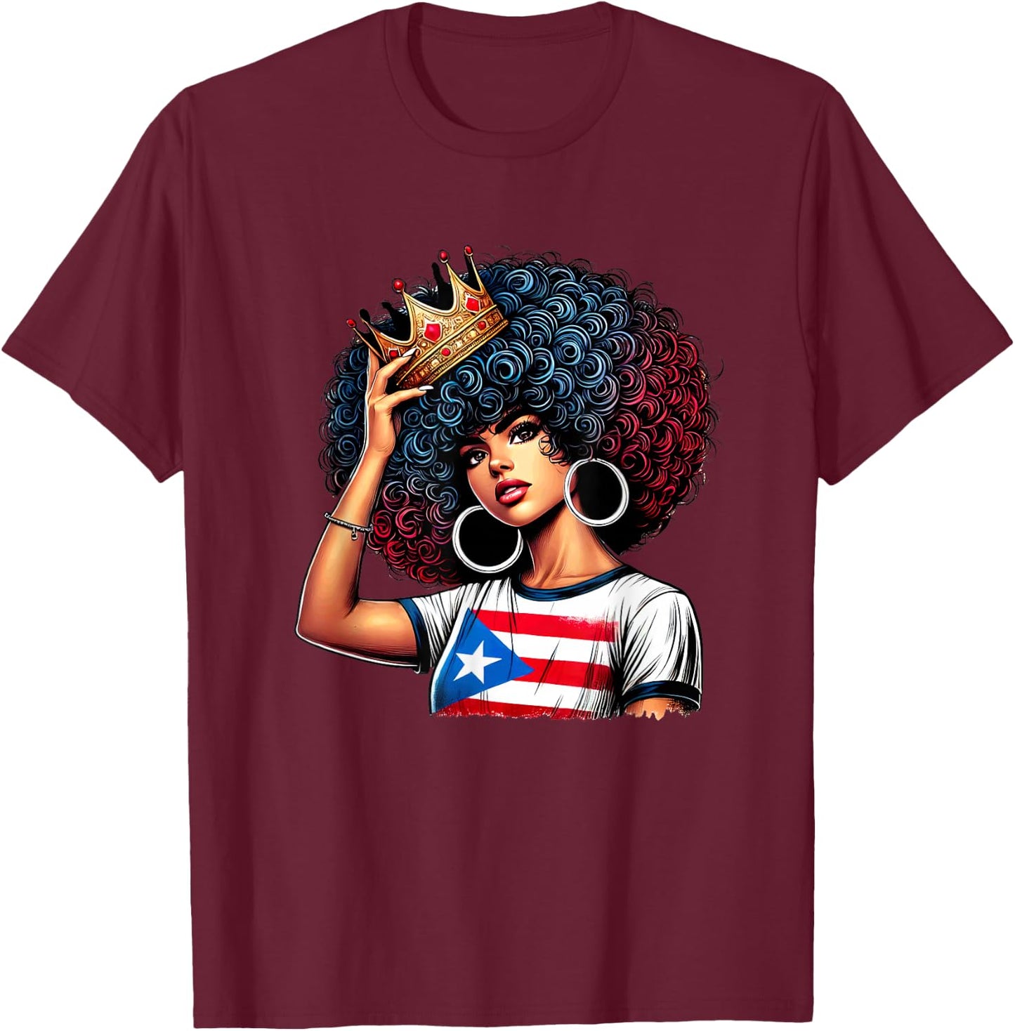 Afro Boricua Queen Princess Crown Puerto Rico Flag Latina T-Shirt - T-Shirt | Maroon