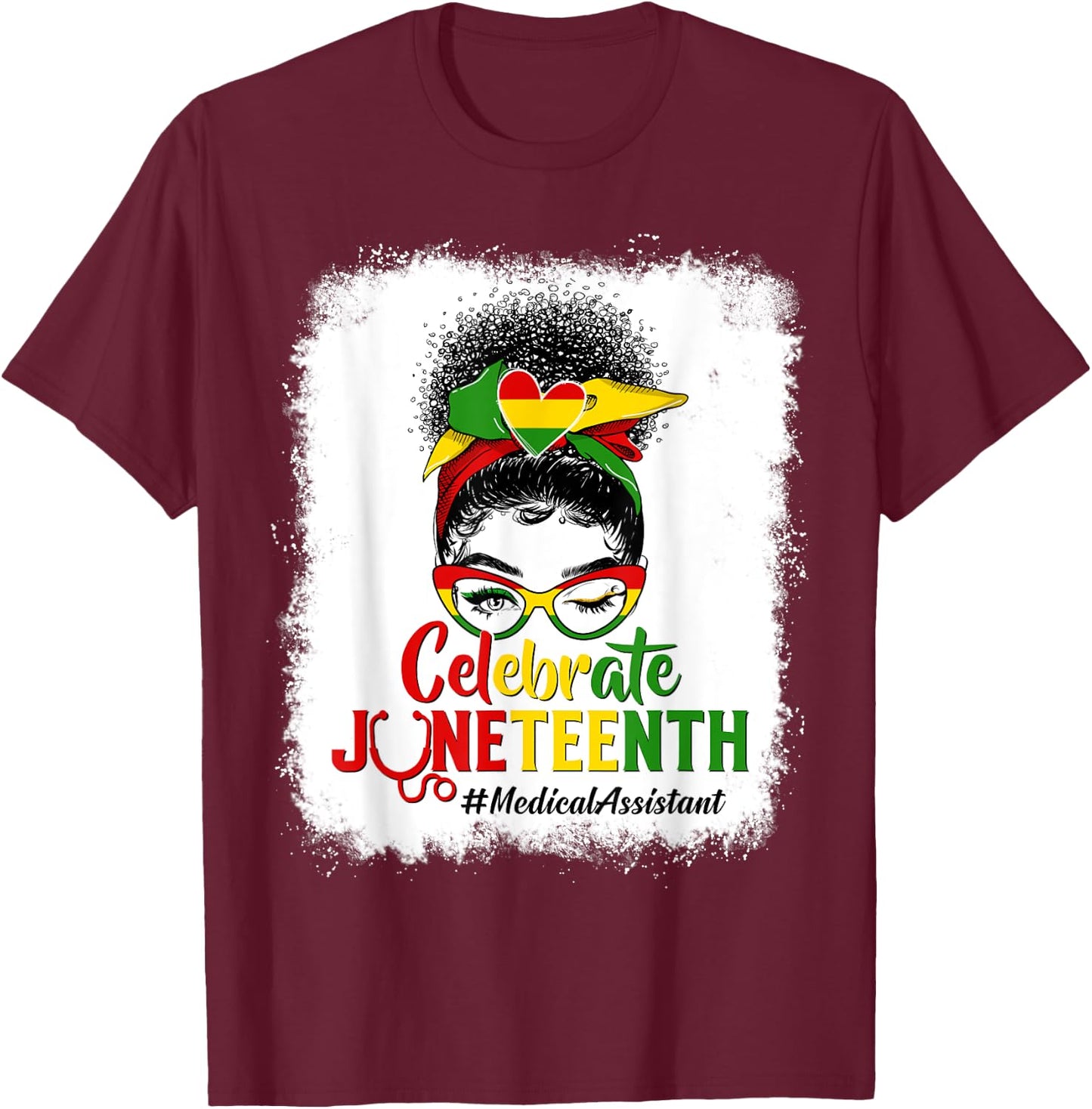 Black Medical Assistant Messy Bun Celebrate Juneteenth Afro T-Shirt - T-Shirt | Maroon
