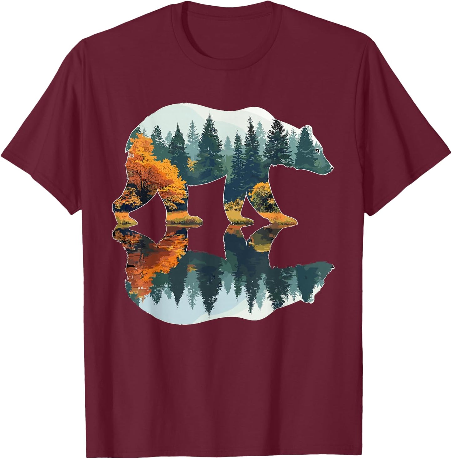 Trees Wildlife Reflection Nature Bear Outdoor Forest T-Shirt - T-Shirt | Maroon