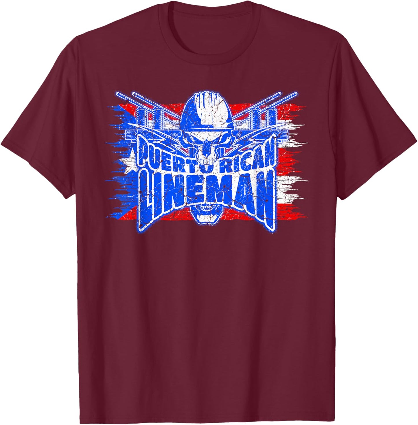 Proud Puerto Rican Lineman Skull with Flag of Puerto Rico T-Shirt - T-Shirt | Maroon