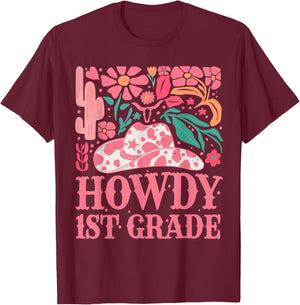 Howdy First Grade Western Cowgirls 1st Grade Squad Teacher T-Shirt - T-Shirt | Maroon