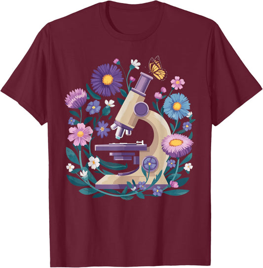 Microscope Flower Butterfly Biology Science Teacher Student T-Shirt - T-Shirt | Maroon