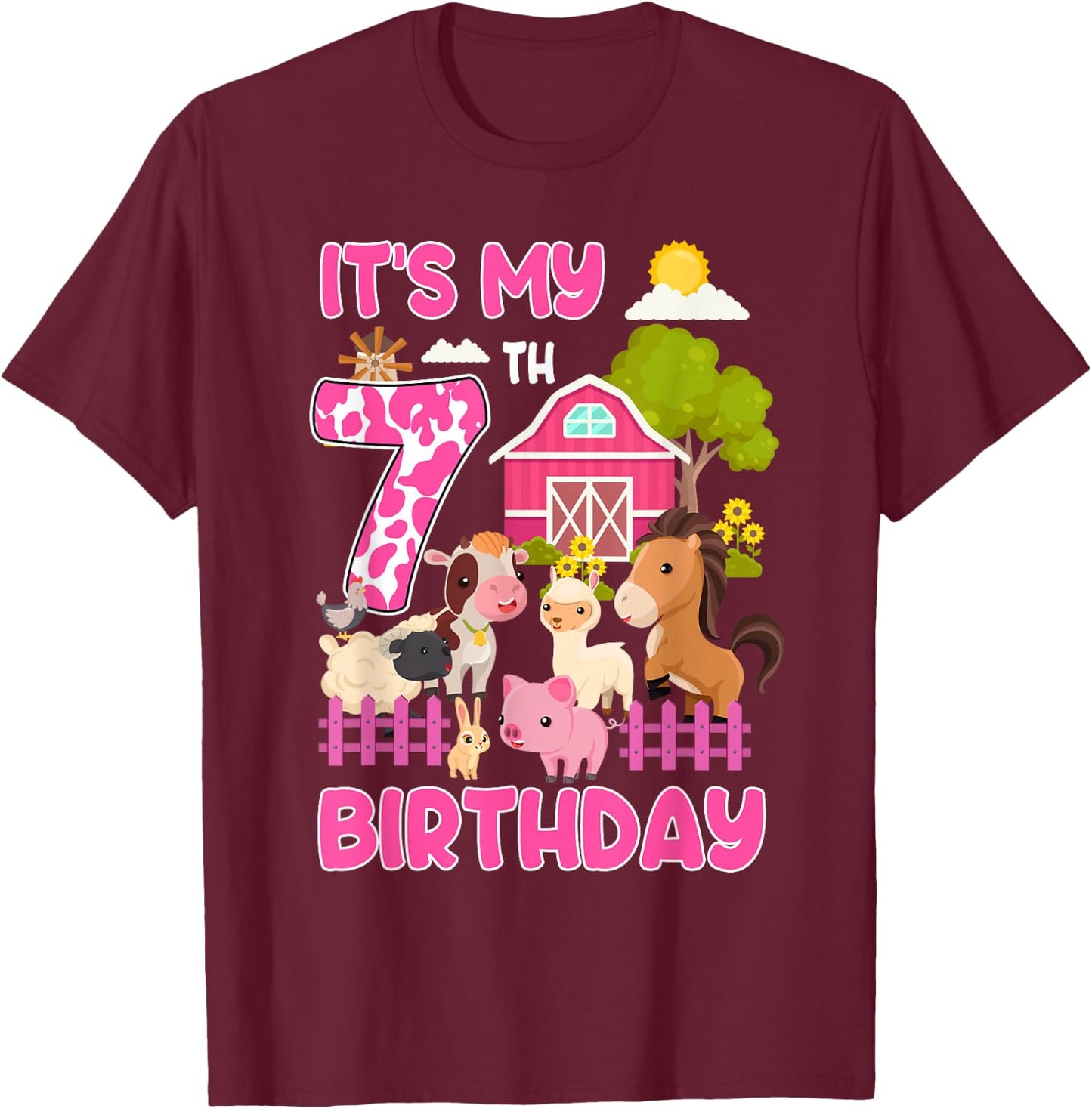 It’s My 7th Birthday Farm Animals 7 Year Old Girl Party T-Shirt - T-Shirt | Maroon