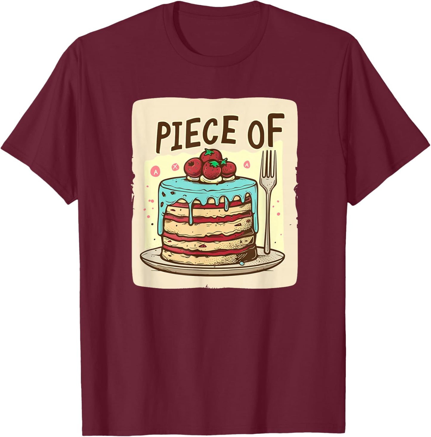 Piece of Cake Outfit -Adults Kids Black Small Modern City Cartoon Lightweight Classic Fit Short Sleeve T-Shirt - T-Shirt | Maroon