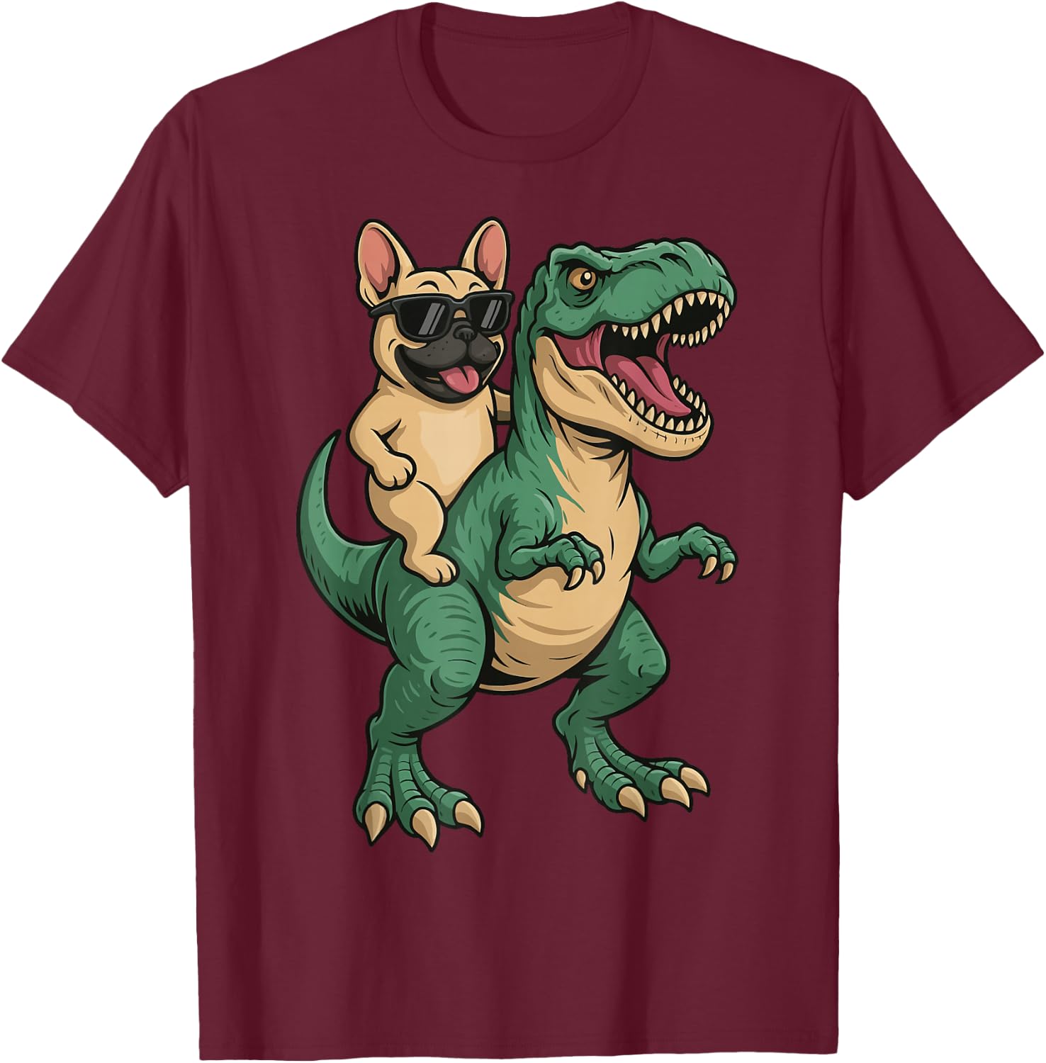 French Bulldog Riding T-Rex T-Shirt - T-Shirt | Maroon