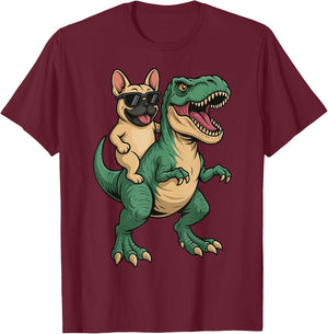 French Bulldog Riding T-Rex T-Shirt - T-Shirt | Maroon