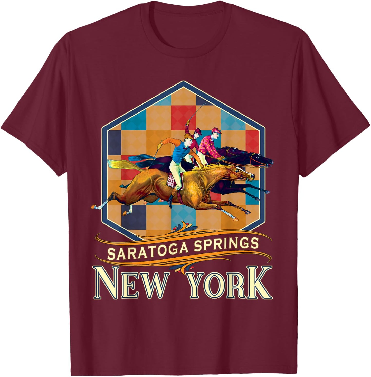Saratoga Springs New York Vintage Horse Racing Souvenir T-Shirt - T-Shirt | Maroon