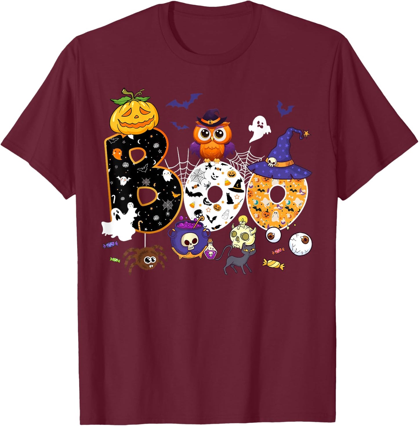 Boo Creepy Owl Pumpkin Ghost Halloween Men Women Kids T-Shirt - T-Shirt | Maroon