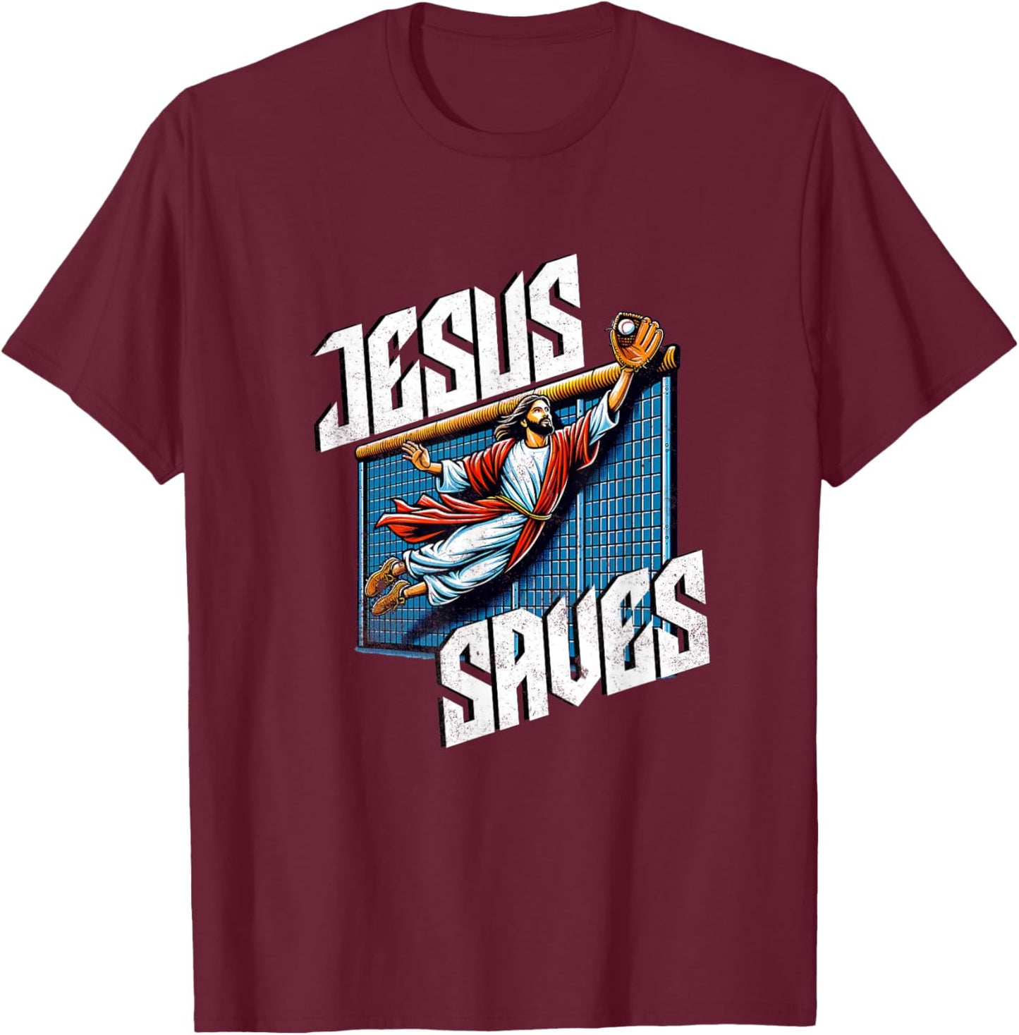 Vintage Jesus Saves Baseball Player Homerun T-Shirt - T-Shirt | Maroon