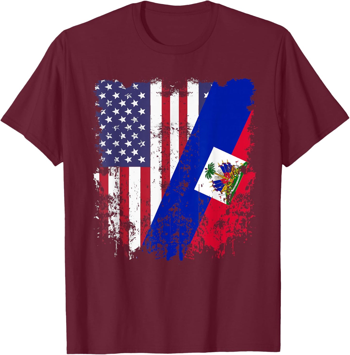 Haitian Roots Half American Flag Haiti Flag T-Shirt - T-Shirt | Maroon