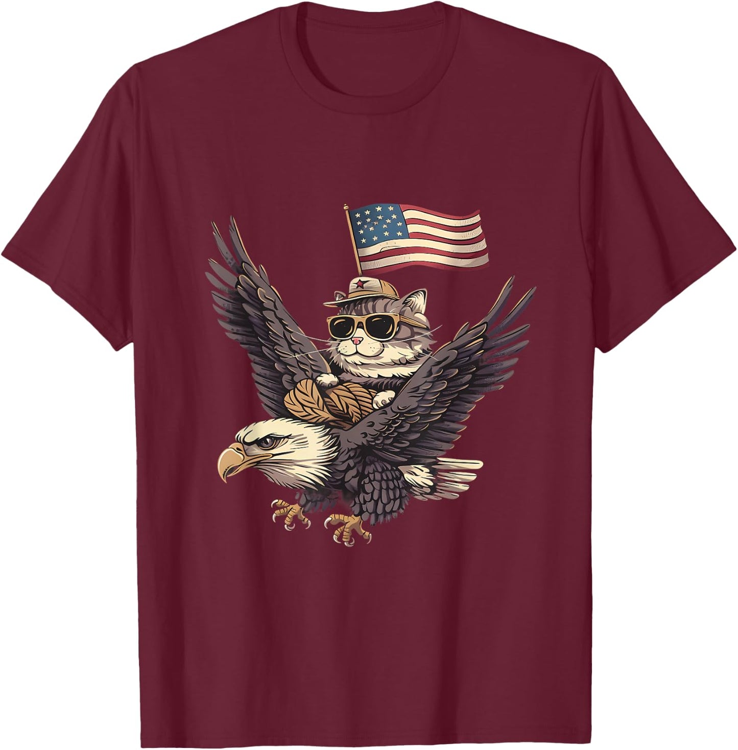 4th Of July USA American Flag America Bald Eagle Cat T-Shirt - T-Shirt | Maroon