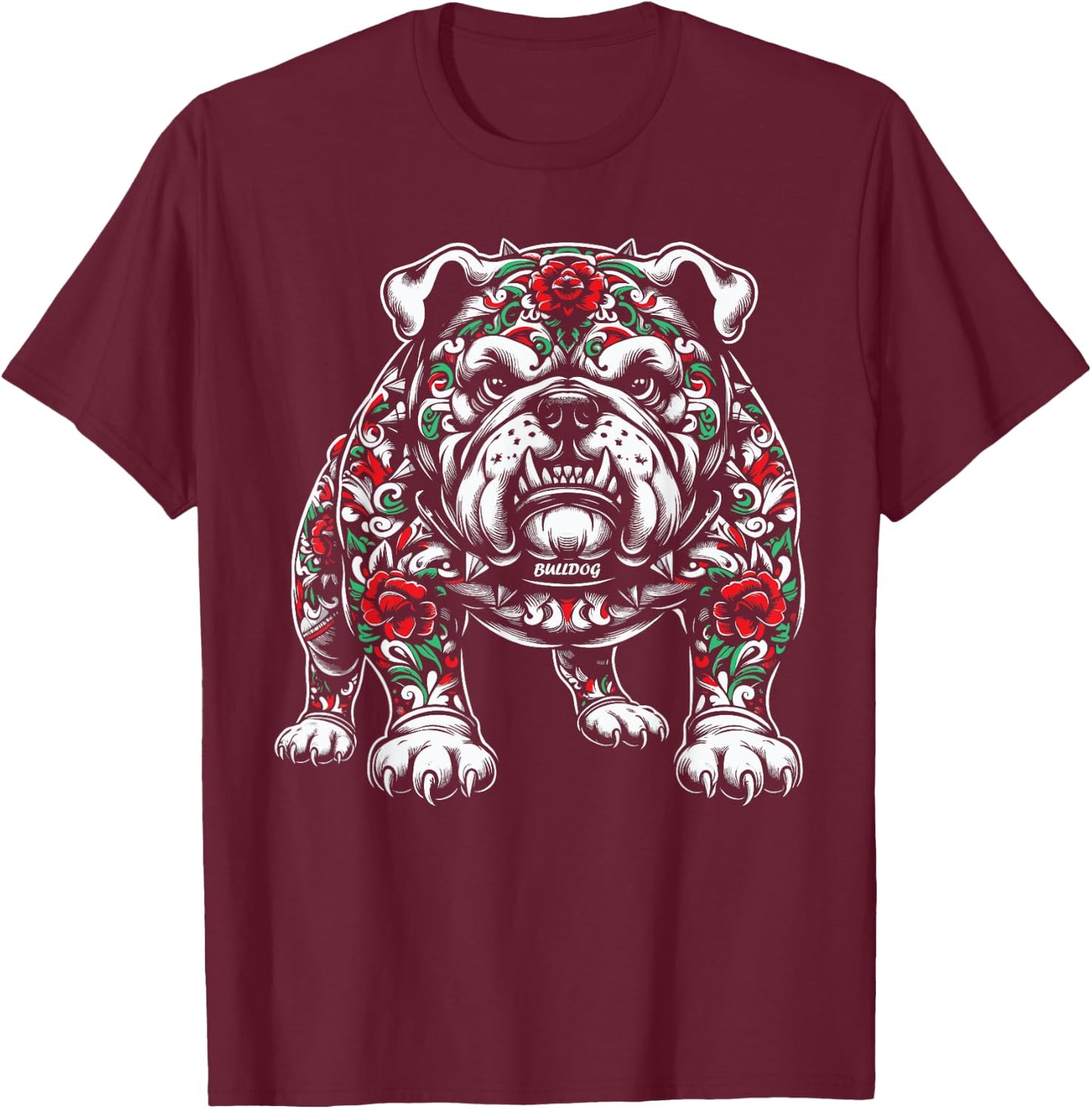 Bulldog Floral Red Rose T-Shirt - T-Shirt | Maroon