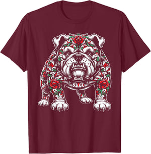 Bulldog Floral Red Rose T-Shirt - T-Shirt | Maroon