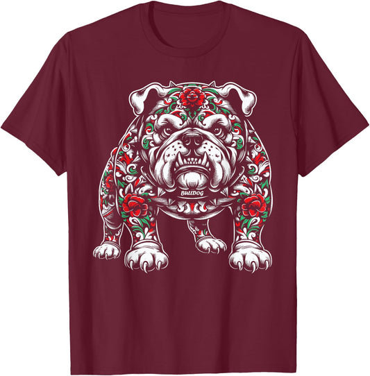 Bulldog Floral Red Rose T-Shirt - T-Shirt | Maroon
