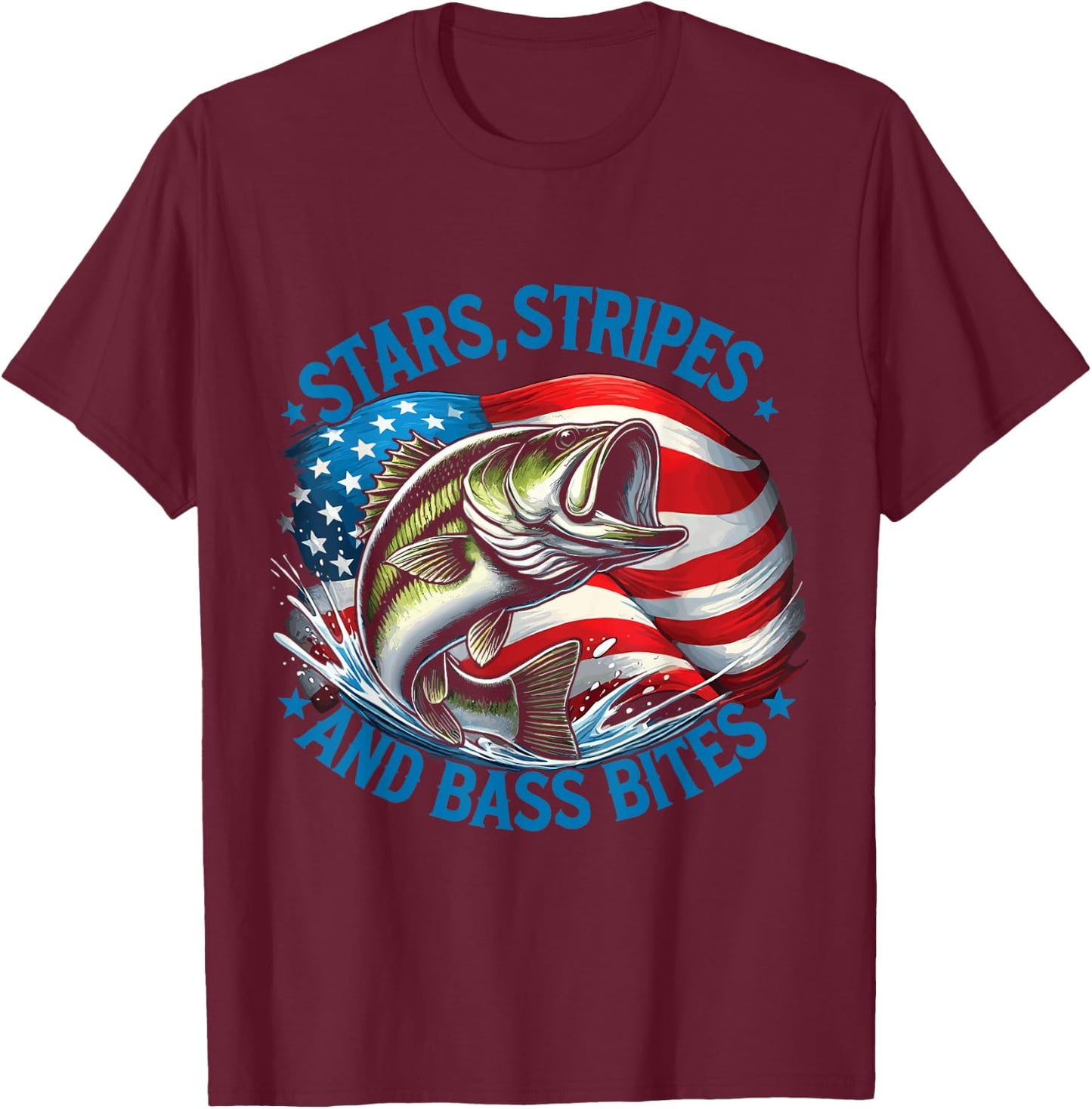 Fisherman Stars Stripes And Bass Bites Bass Fishing T-Shirt - T-Shirt | Maroon