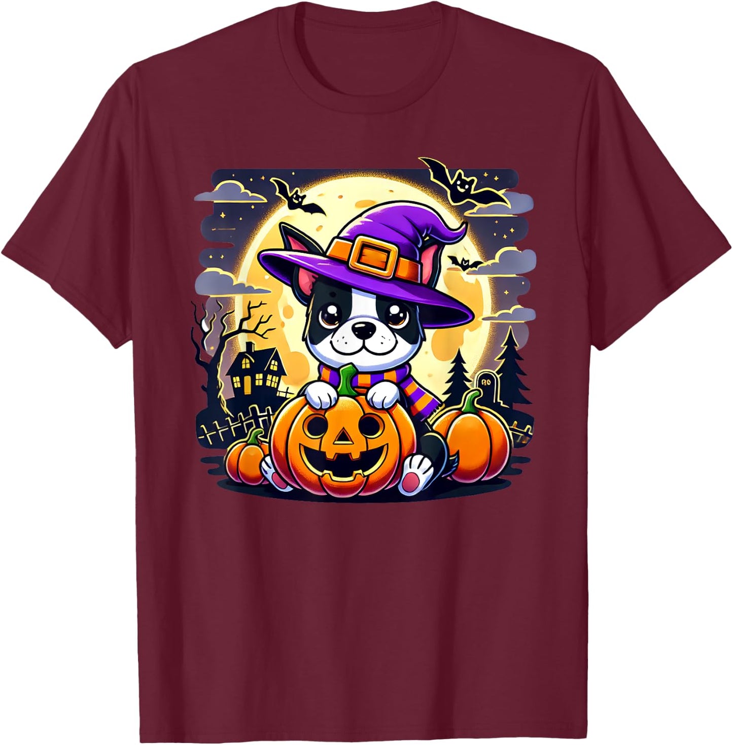 Halloween Boston Terrier Dog Breed With Jack O' Lantern Art Women Kids T-Shirt - T-Shirt | Maroon