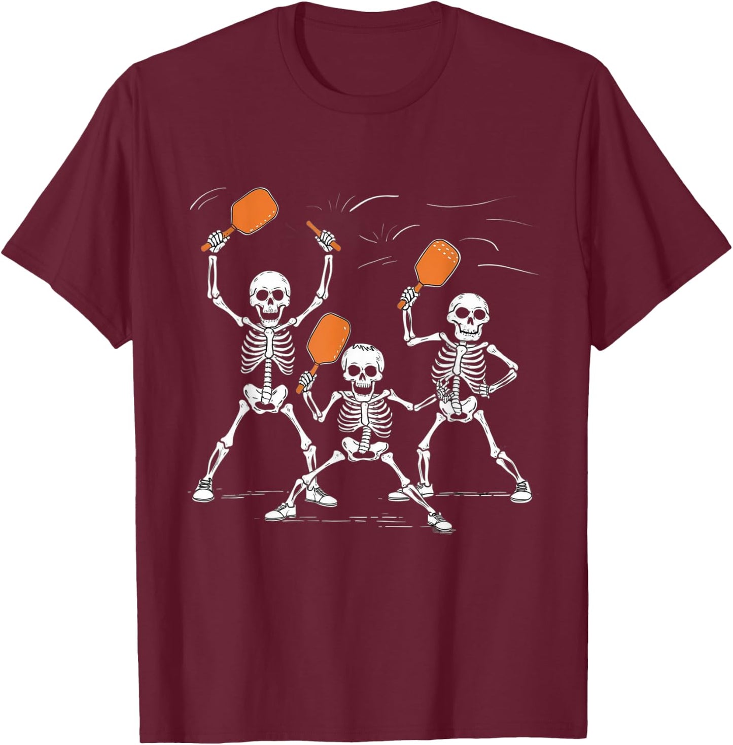 Funny Skeletons Playing Pickleball Halloween T-Shirt - T-Shirt | Maroon