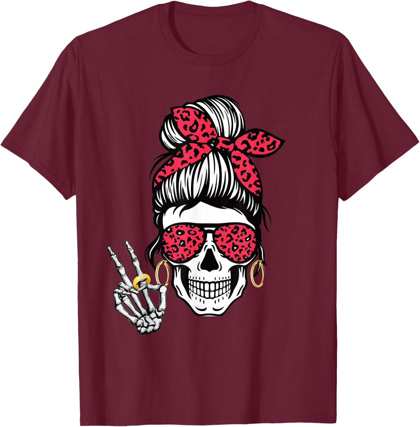 Boho Skeleton Peace Sign Messy Bun Bandana Halloween Apparel T-Shirt - T-Shirt | Maroon