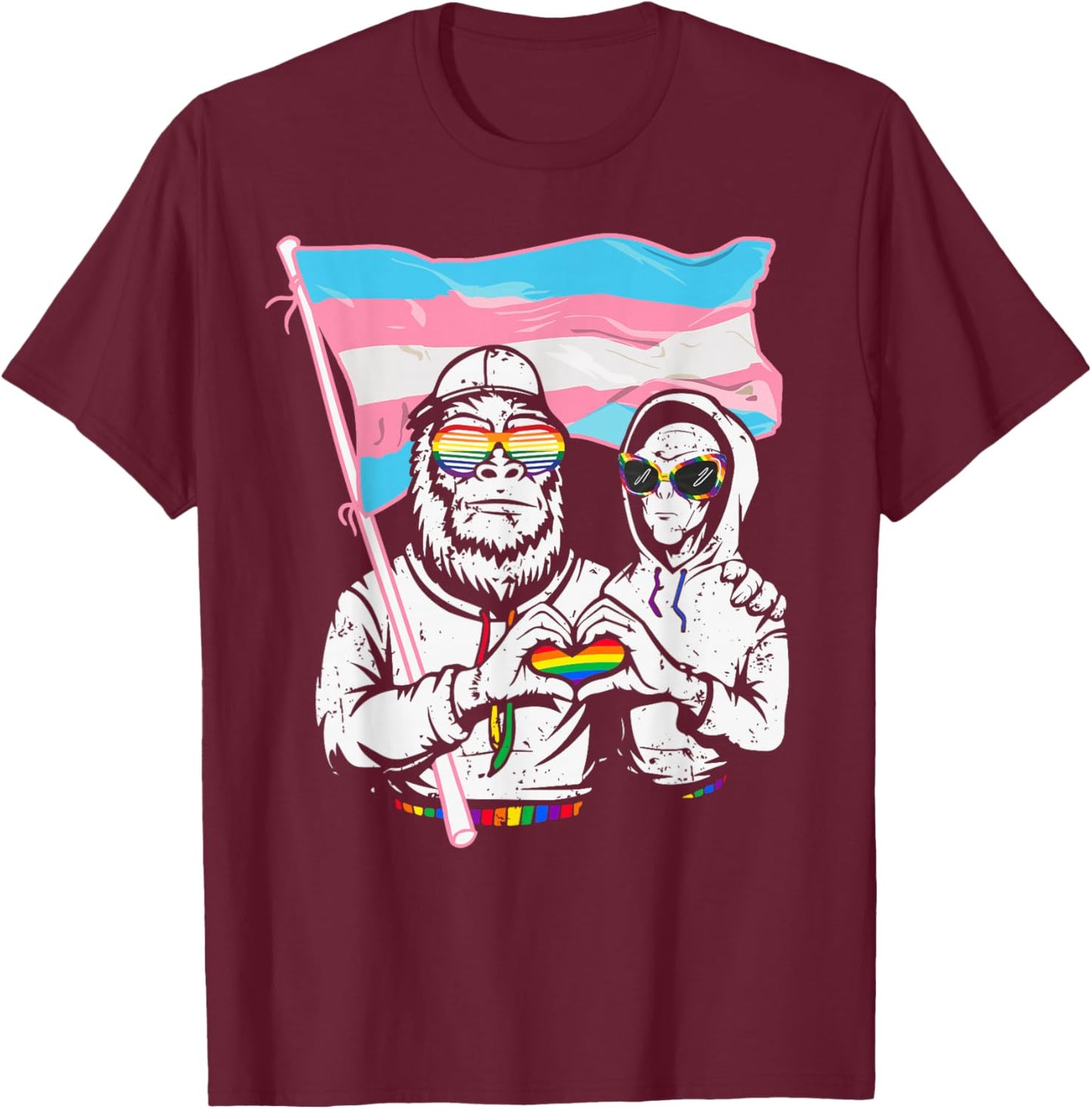 Pride Bigfoot Alien Funny LGBTQ Trans Flag Vintage T-Shirt - T-Shirt | Maroon