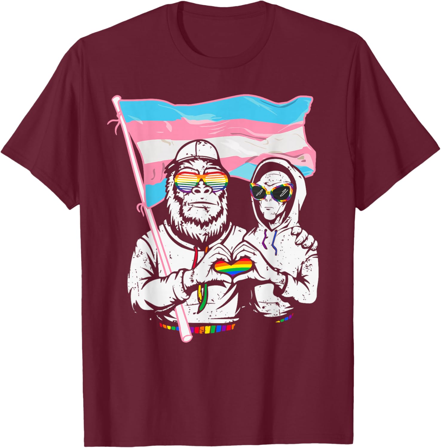 Pride Bigfoot Alien Funny LGBTQ Trans Flag Vintage T-Shirt - T-Shirt | Maroon