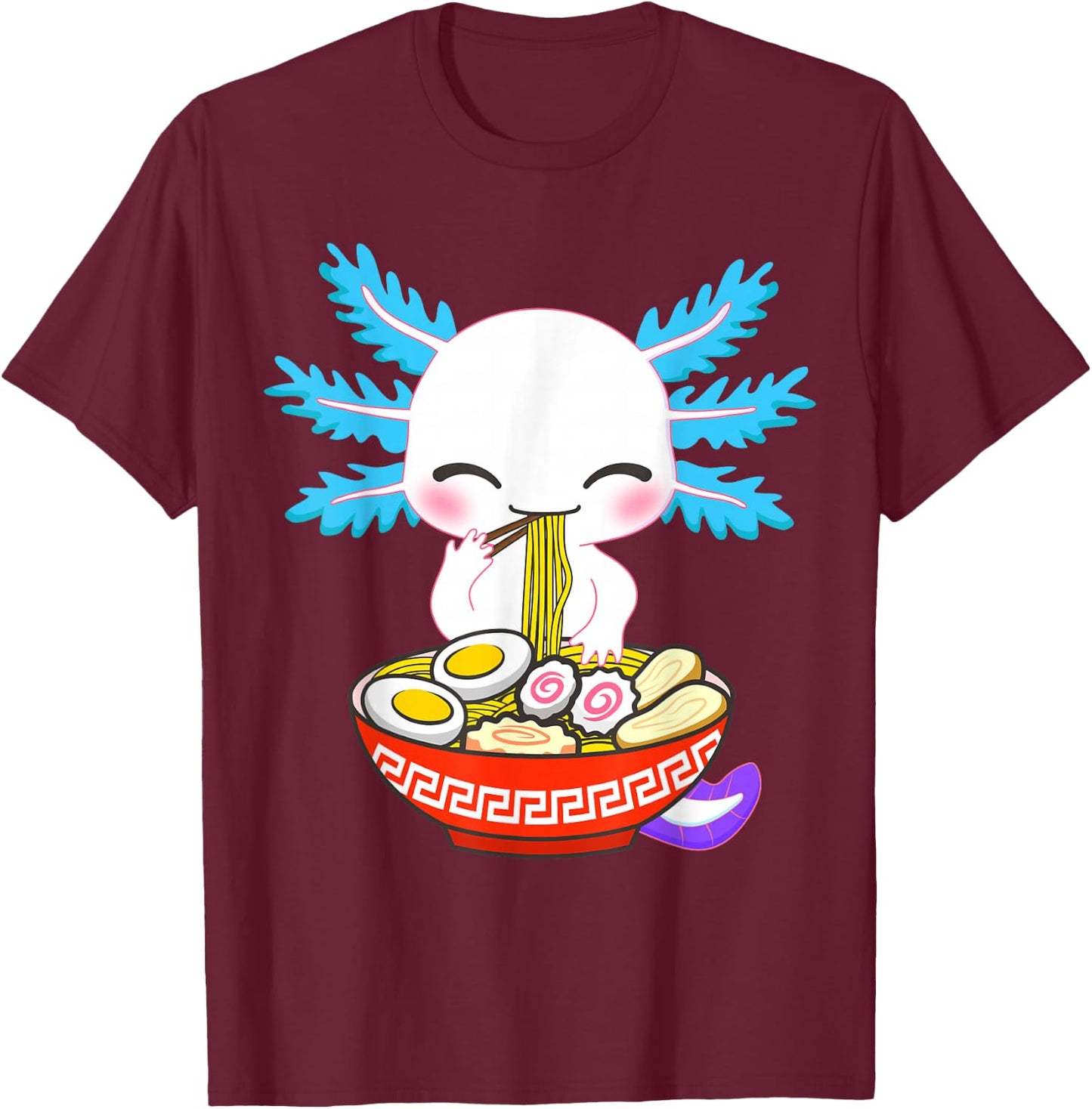 Fox Brother Kawaii Axolotl Eating Ramen Noodles Anime - -Kids/Adults, Black, Small, Short Sleeve T-Shirt - T-Shirt | Maroon