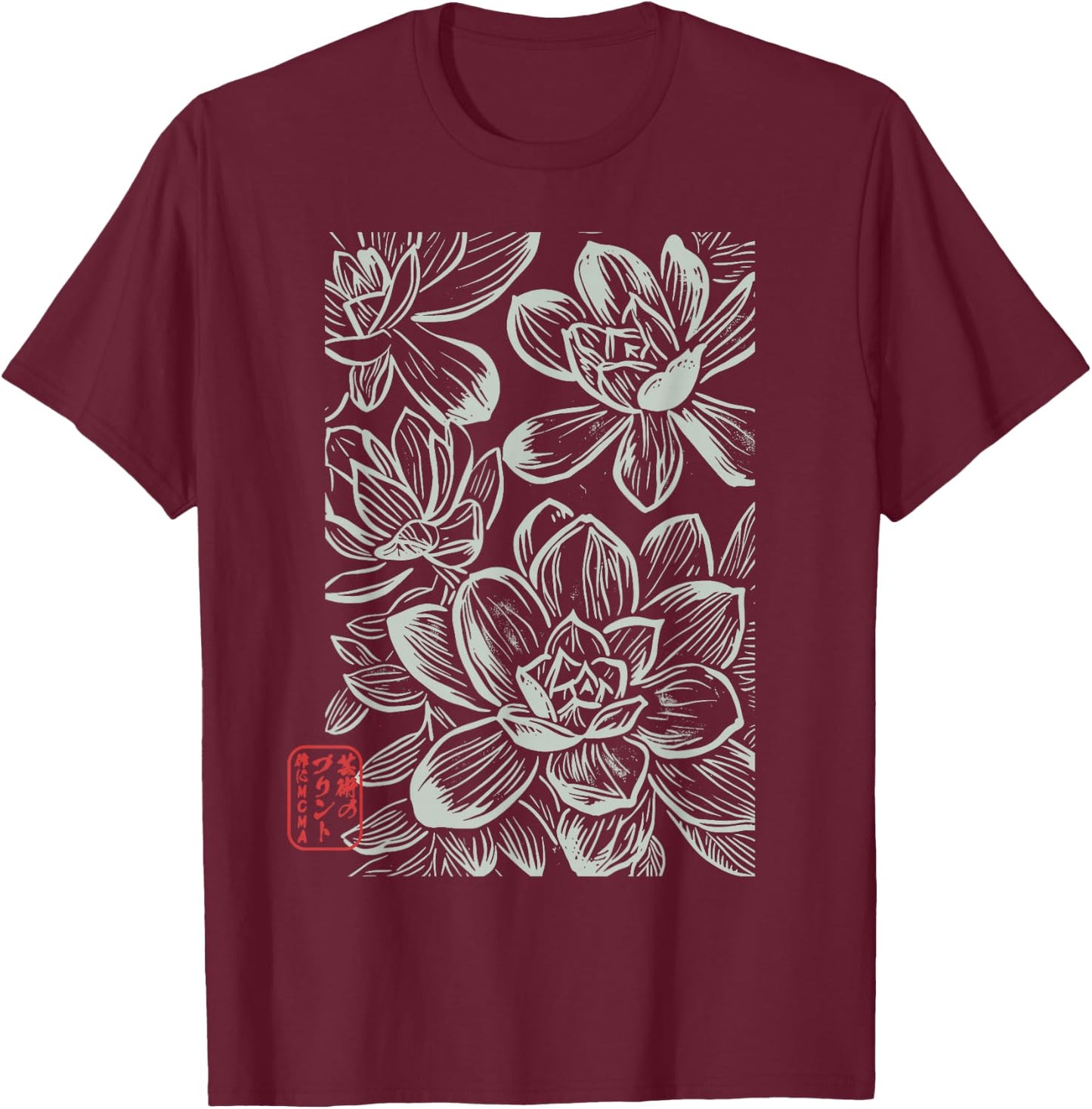 Japanese Boho Flowers – Sumi-e Style Floral Botanical Art T-Shirt - T-Shirt | Maroon