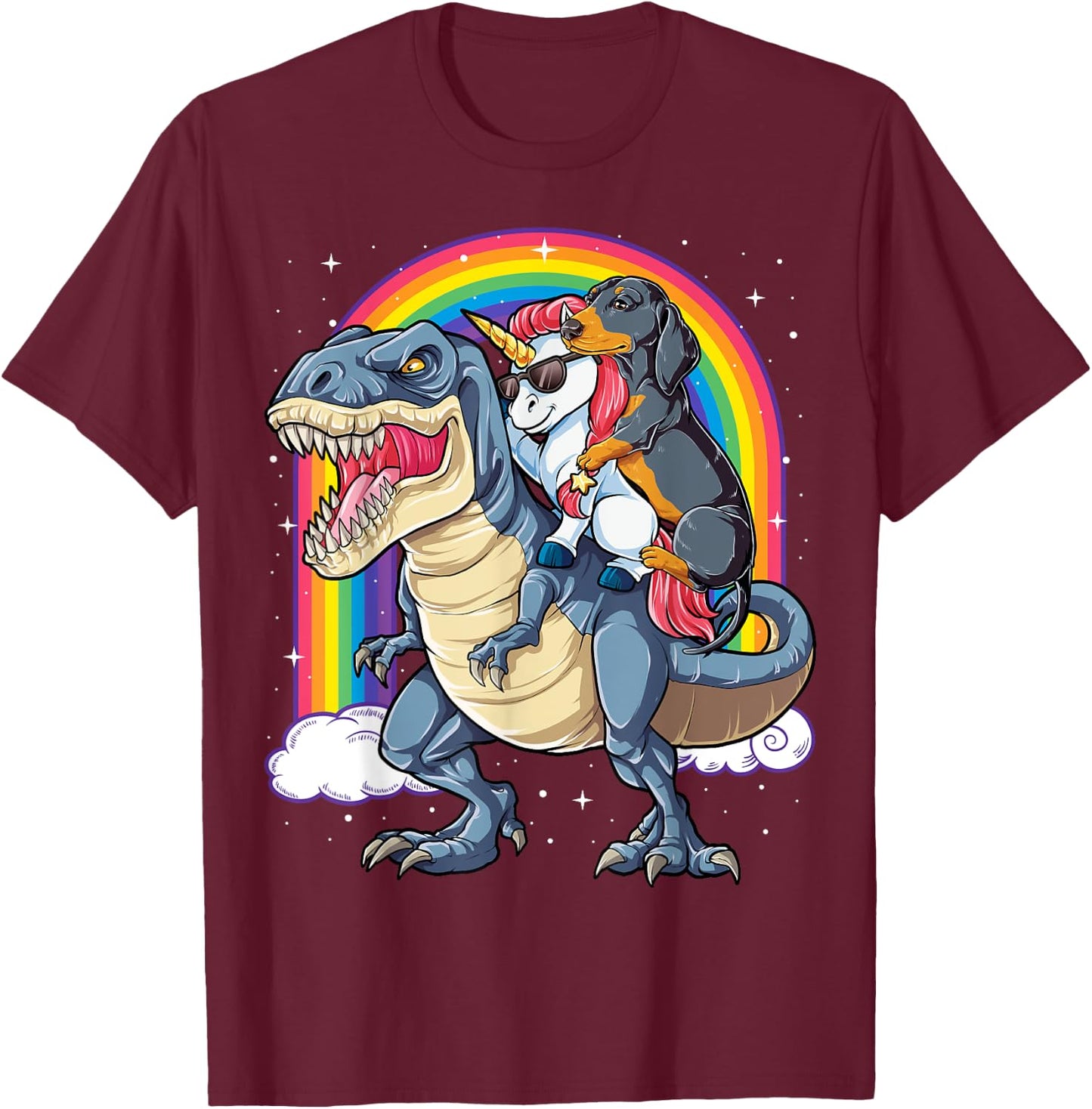 Dachshund Unicorn Riding Dinosaur T-rex Gifts Women Rainbow T-Shirt - T-Shirt | Maroon
