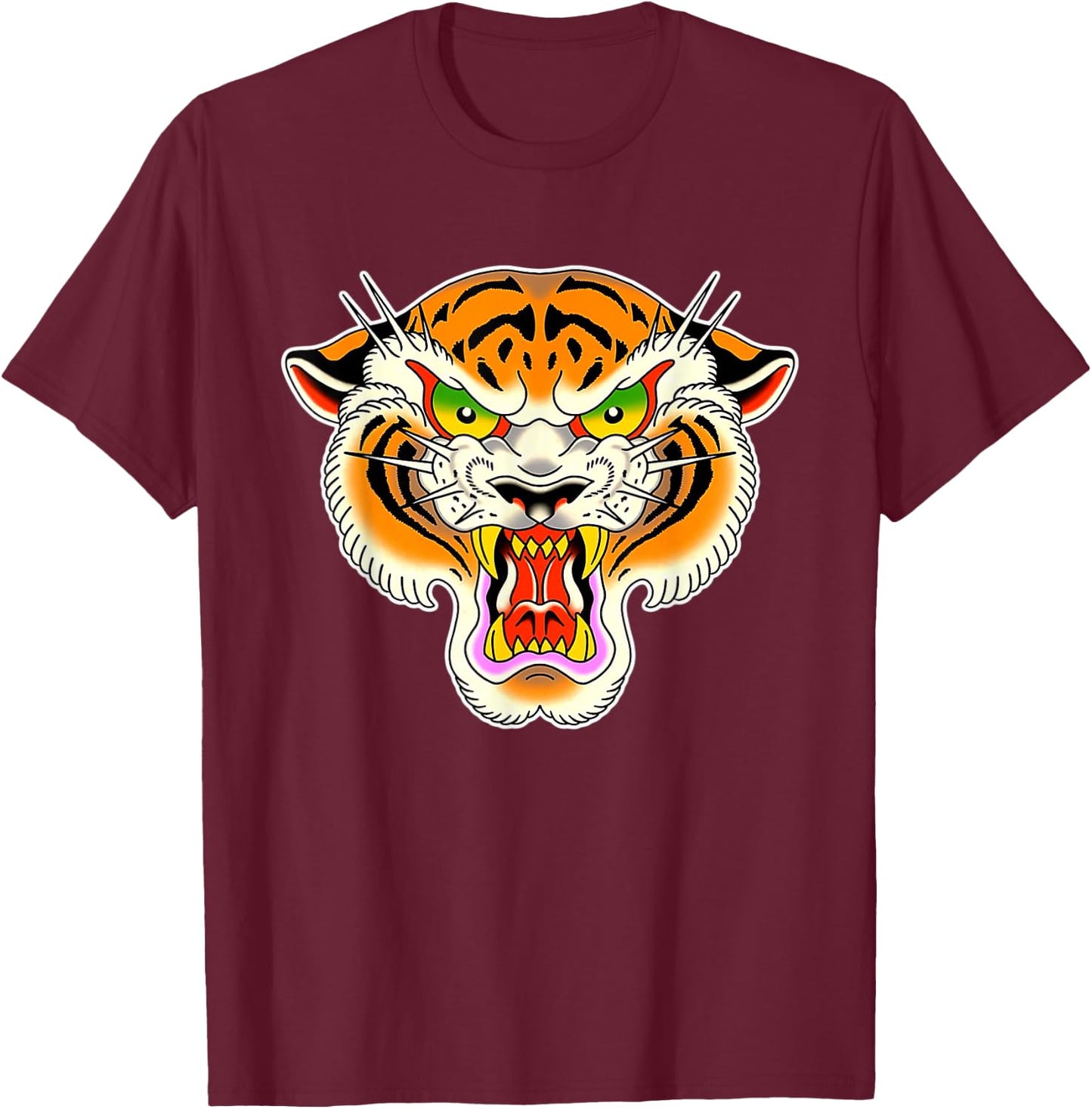 Tiger Head Traditional Tattoo Flash T-Shirt - T-Shirt | Maroon