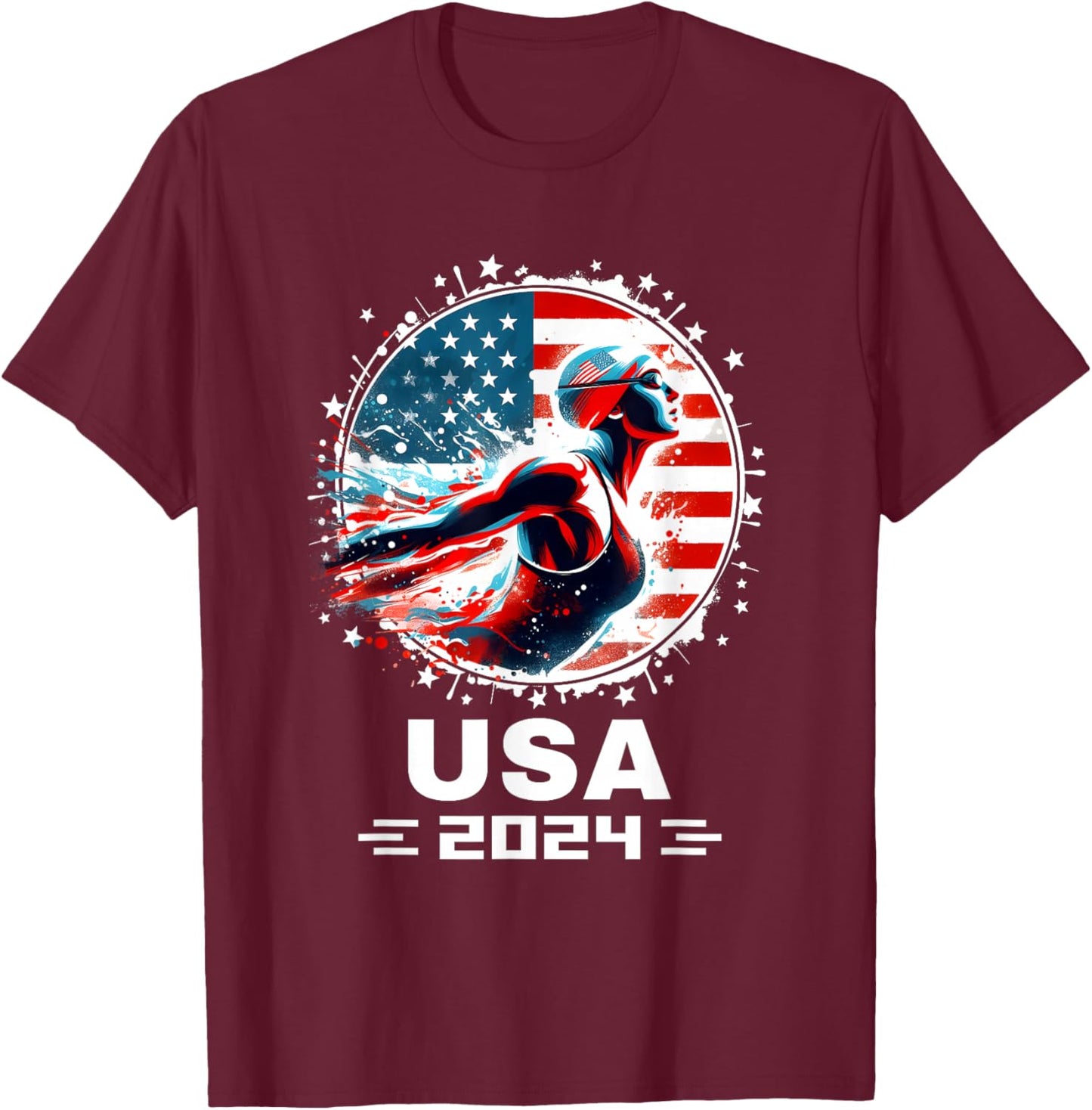 Swimming United States Women Team American Flag Swimming T-Shirt - T-Shirt | Maroon