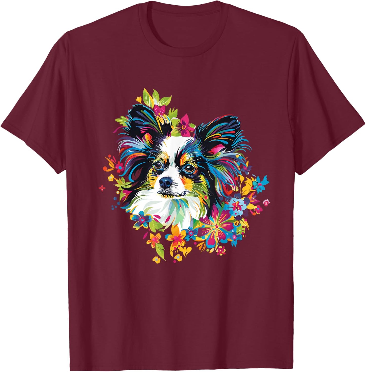 Artful Papillon Designs Floral Pop Art Papillon - -Adults & -Kids - Black - Small - Short Sleeve - Classic Fit - Round Neck T-Shirt - T-Shirt | Maroon