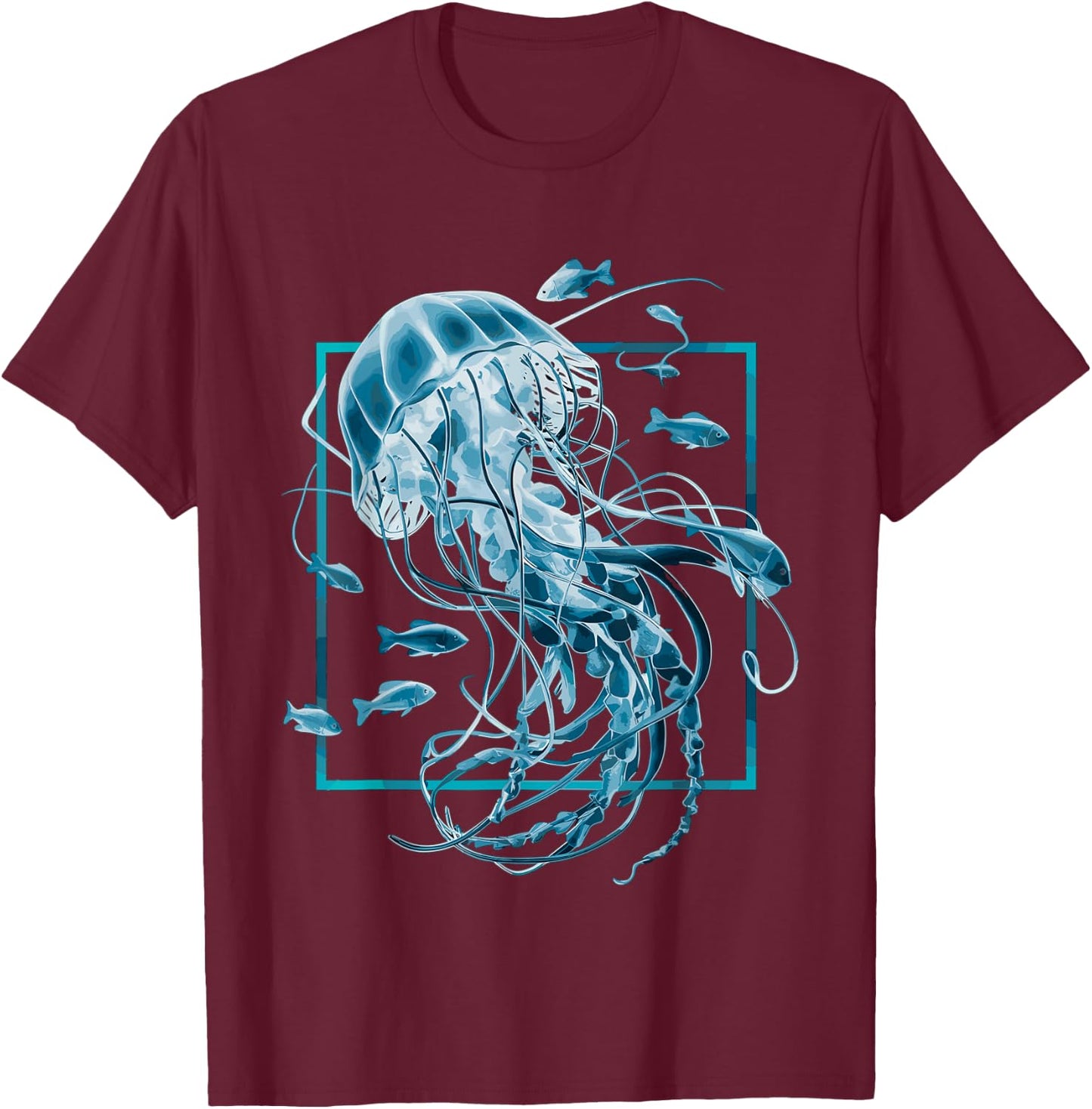 Jellyfish and Fishes in Sea T-Shirt - T-Shirt | Maroon