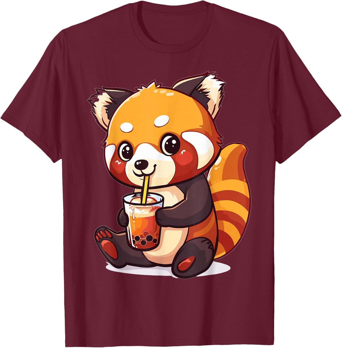 Kawaii Red Panda Drinking Bubble Tea Boba Anime Cute Graphic T-Shirt - T-Shirt | Maroon