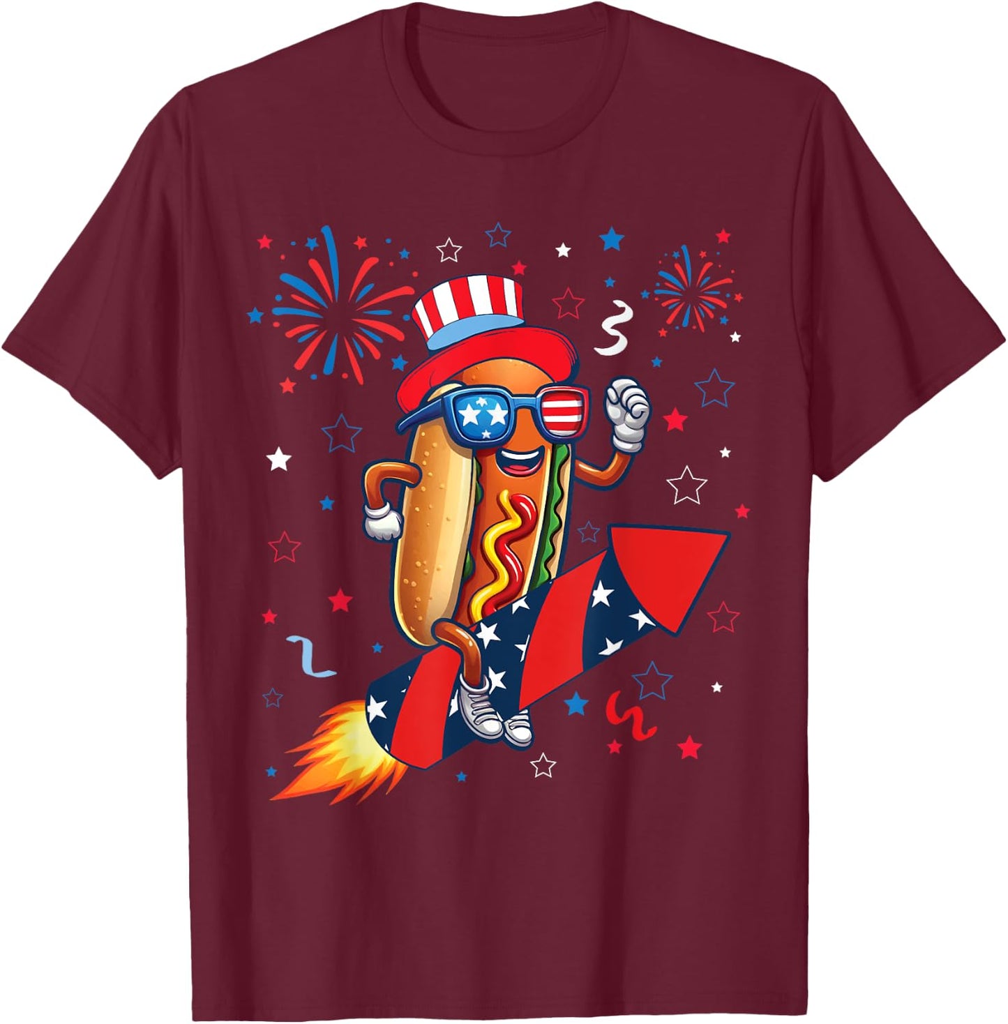 Hotdog 4th Of July Patriotic Rocket and Fireworks USA Flag for Kids Men T-Shirt - T-Shirt | Maroon