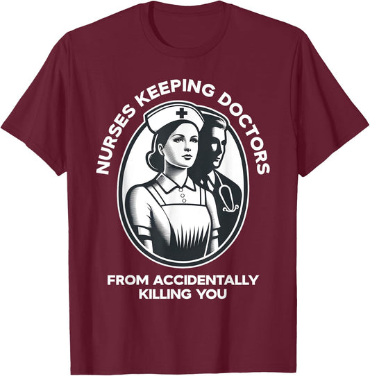 Happy Heart Scrubs Funny Nurse Keeping Doctors From Accident LPN RN CNA Nursing - Adult - Black - Small - Short Sleeve T-Shirt - T-Shirt | Maroon