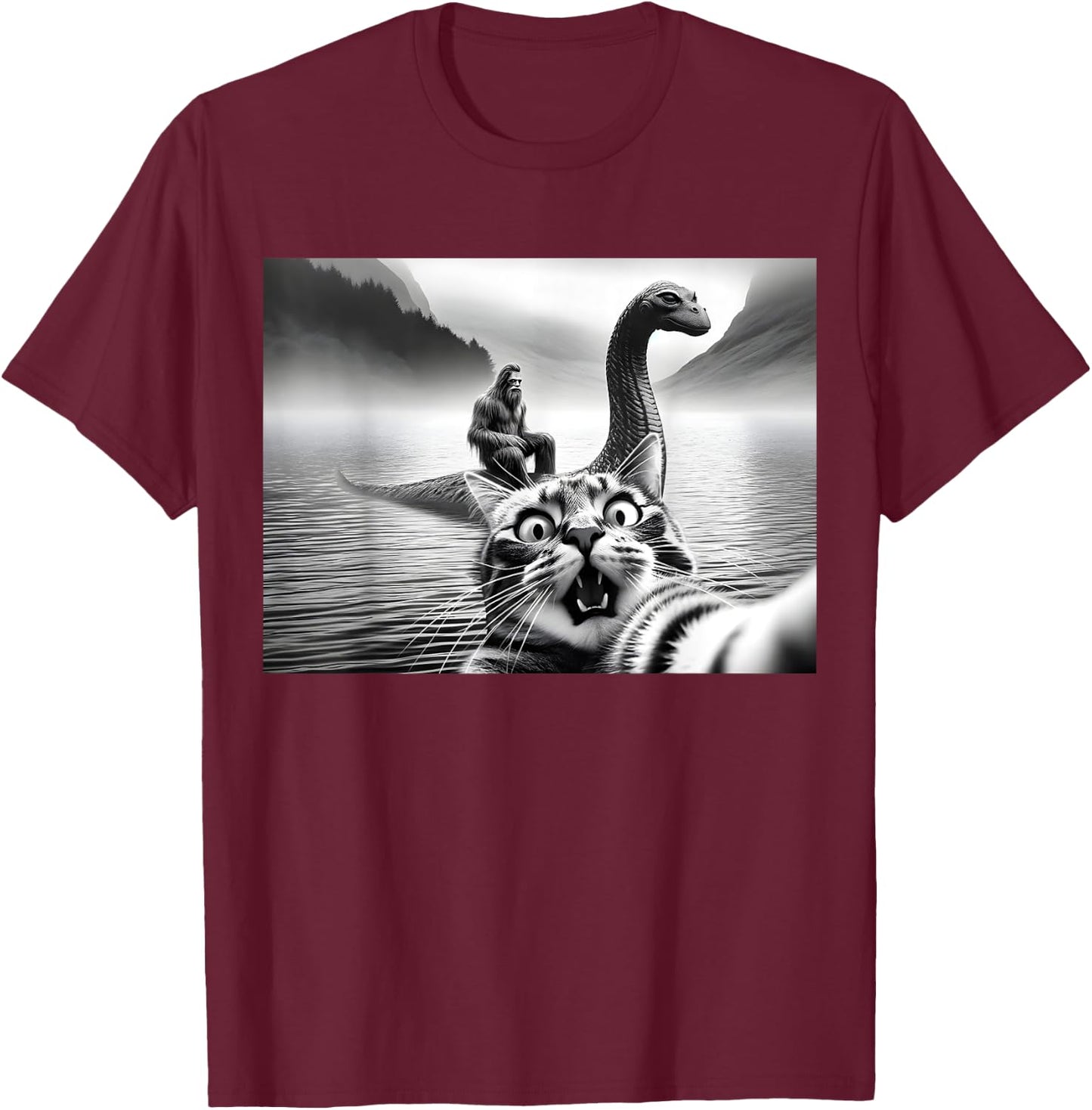 Bigfoot Riding Loch Ness Monster Surprised Scared Cat Selfie Women Girls Kids T-Shirt - T-Shirt | Maroon