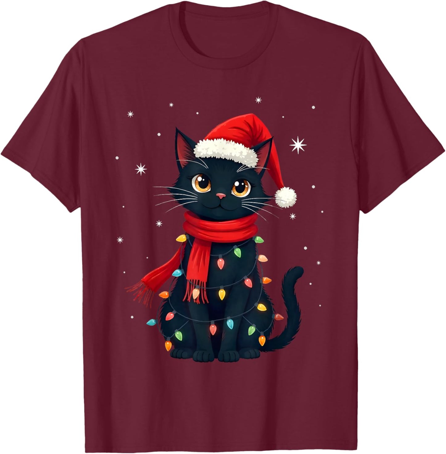 Black Cat Christmas Lights Cats Lover Xmas T-Shirt - T-Shirt | Maroon