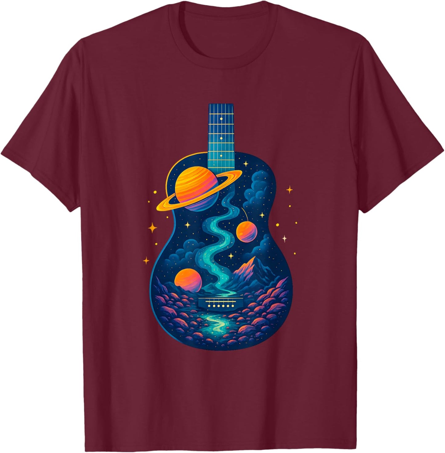 Guitar Space Reflections Galaxy and Planets Guitarist Band T-Shirt - T-Shirt | Maroon