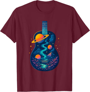 Guitar Space Reflections Galaxy and Planets Guitarist Band T-Shirt - T-Shirt | Maroon