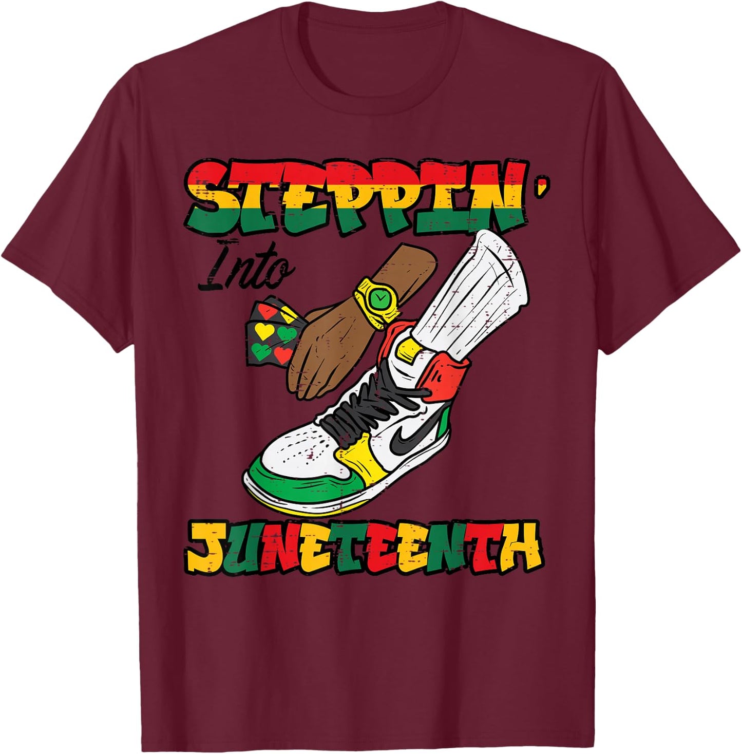 Steppin Juneteenth Shoe Watch Black American Men Boys Kids T-Shirt - T-Shirt | Maroon
