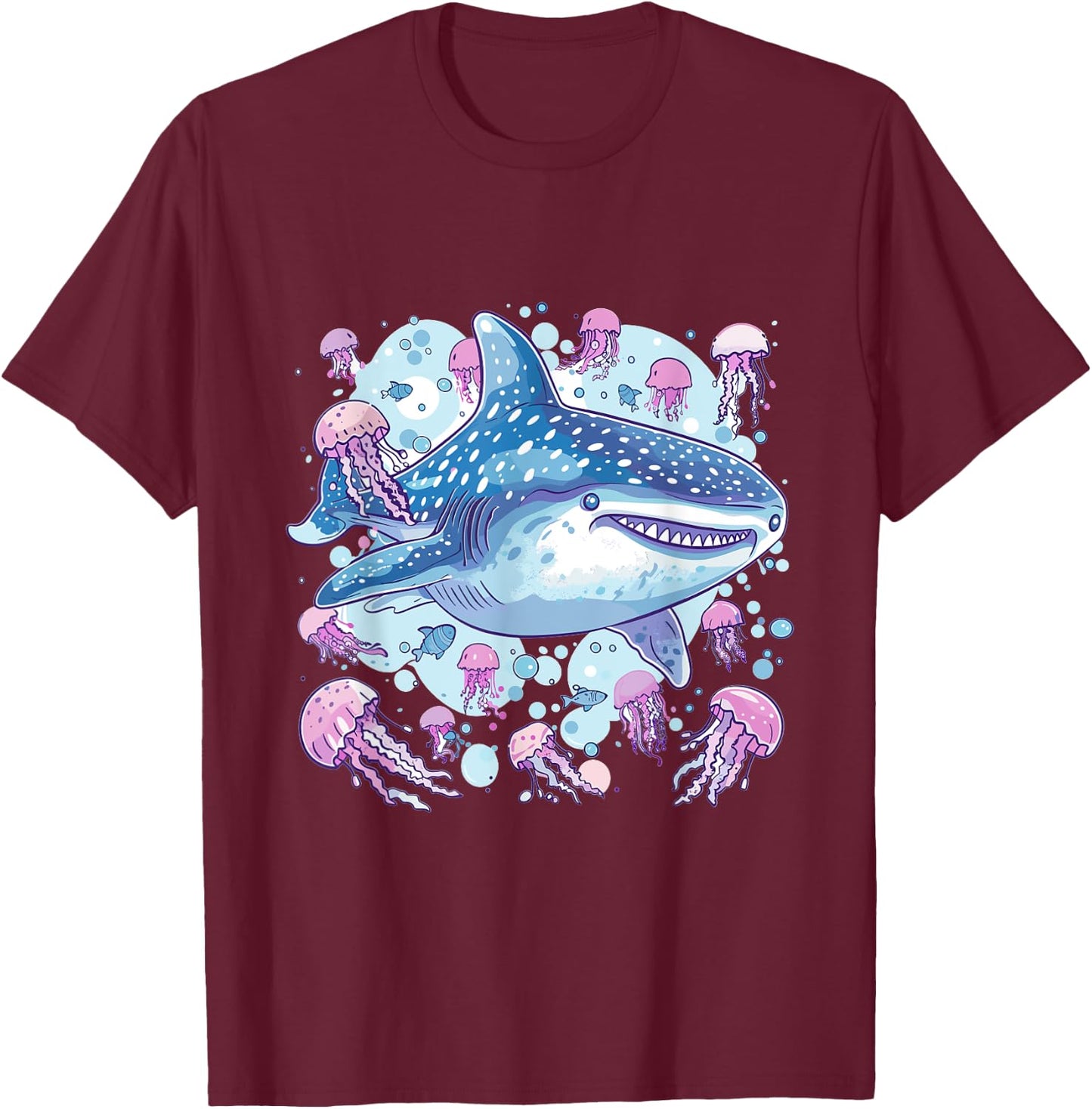 Whale Shark with Jellyfish Sea Animal Graphic T-Shirt - T-Shirt | Maroon