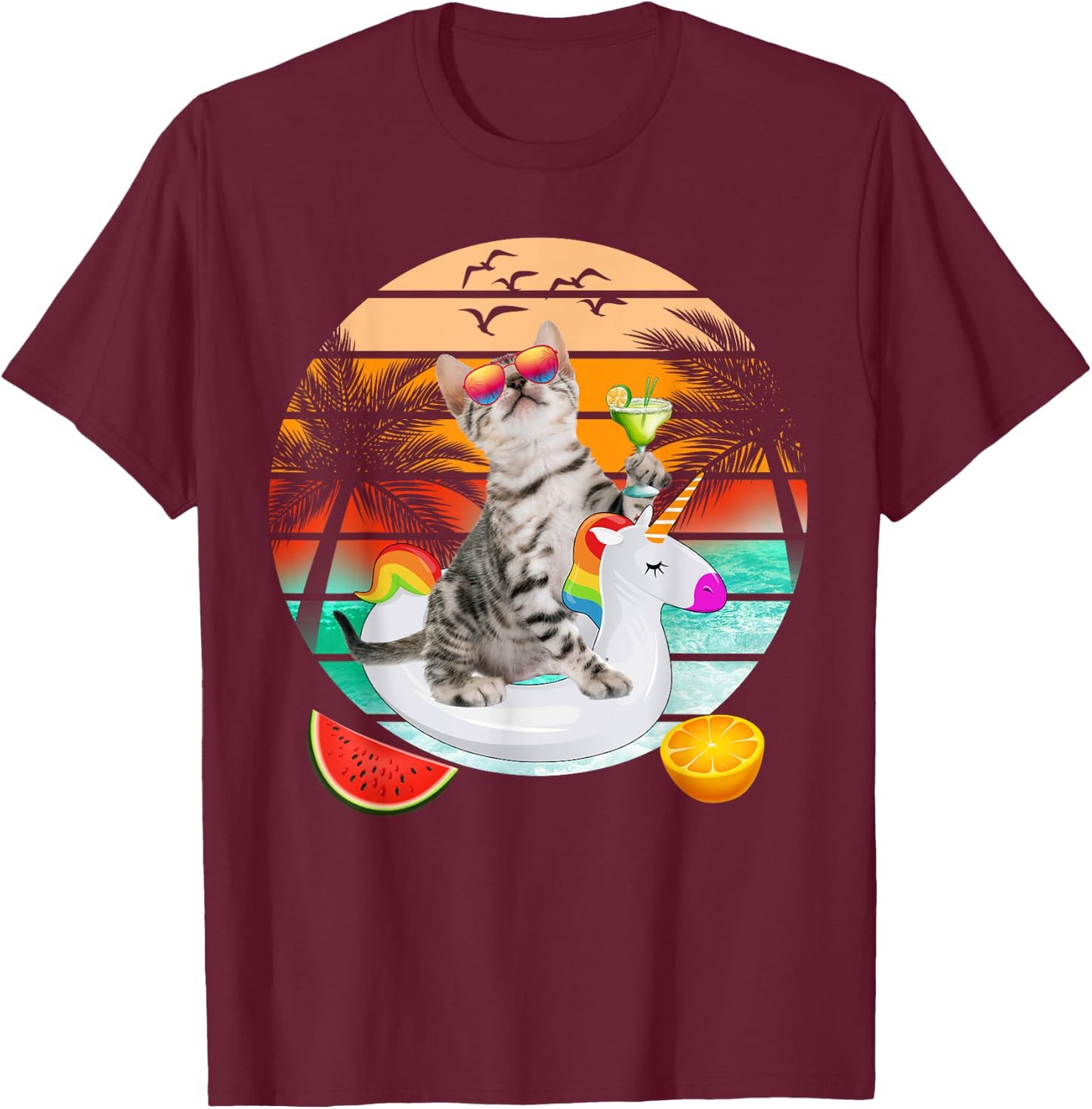 Cute Cat With Margarita & Unicorn Float Kitten Summer Vibes T-Shirt - T-Shirt | Maroon